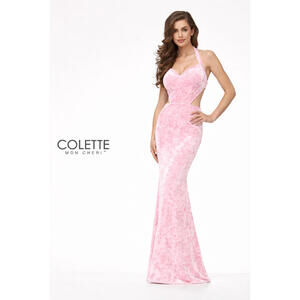 Colette by Mon Cheri Pink Orange Crushed Velvet Halter Gown Cutout Sides sz 6